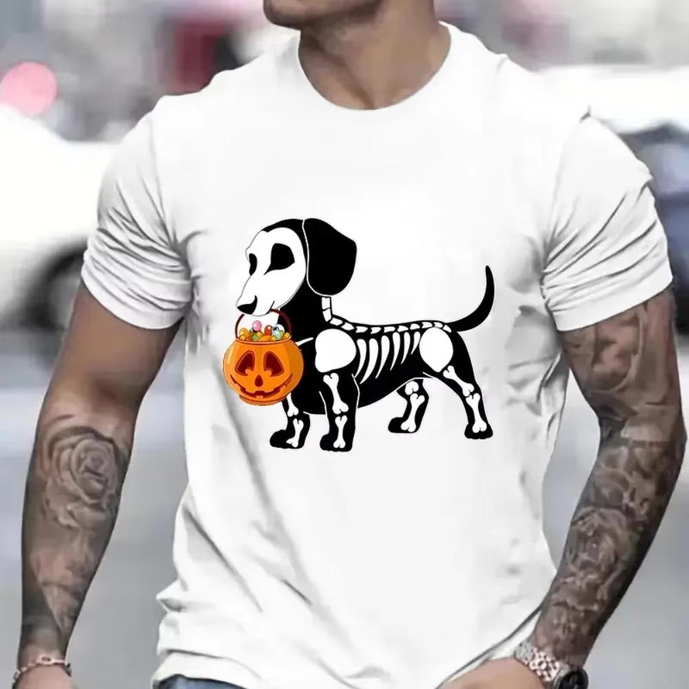 Summer Men Street Personality Fun T-Shirt Fashion Short Sleeve Casual Plus Size Top Pumpkin Dachshund Funny Halloween Clothing