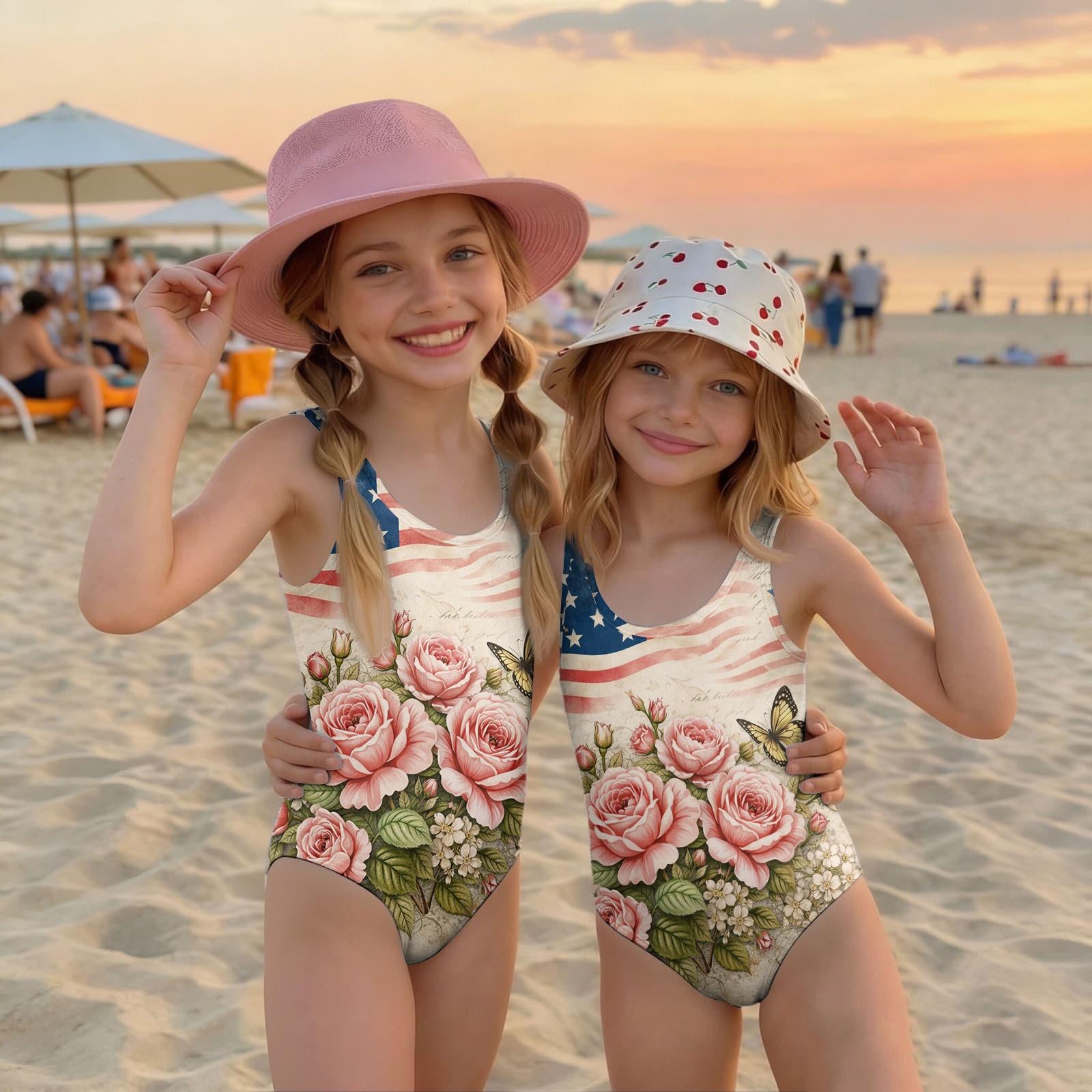 

Girls One Piece Swimsuit Summer Casual Fashion Floral Print Swimwear for Children Comfortable Fit Durable Fabric Suitable for Pool Beach 140