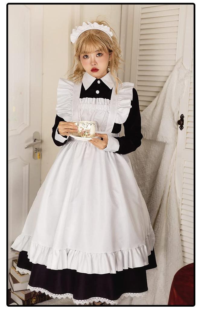 Maid Cosplay Long Sleeve Long Skirt Apron White Black Maid Clothes [Lady Lazy] (XL)