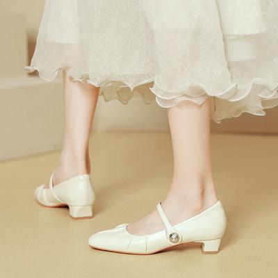 Mary Jane Shoes New Spring and Autumn Square Head Low Heel Single Shoes One Word with High Heels Women's Thick Heel