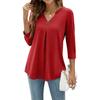 Spring Autumn Women T-shirt V Neck 3/4 Sleeve Pin Decor Pleated Hem Solid Color Slim Fit Tunic T-shirt Tops Blouse