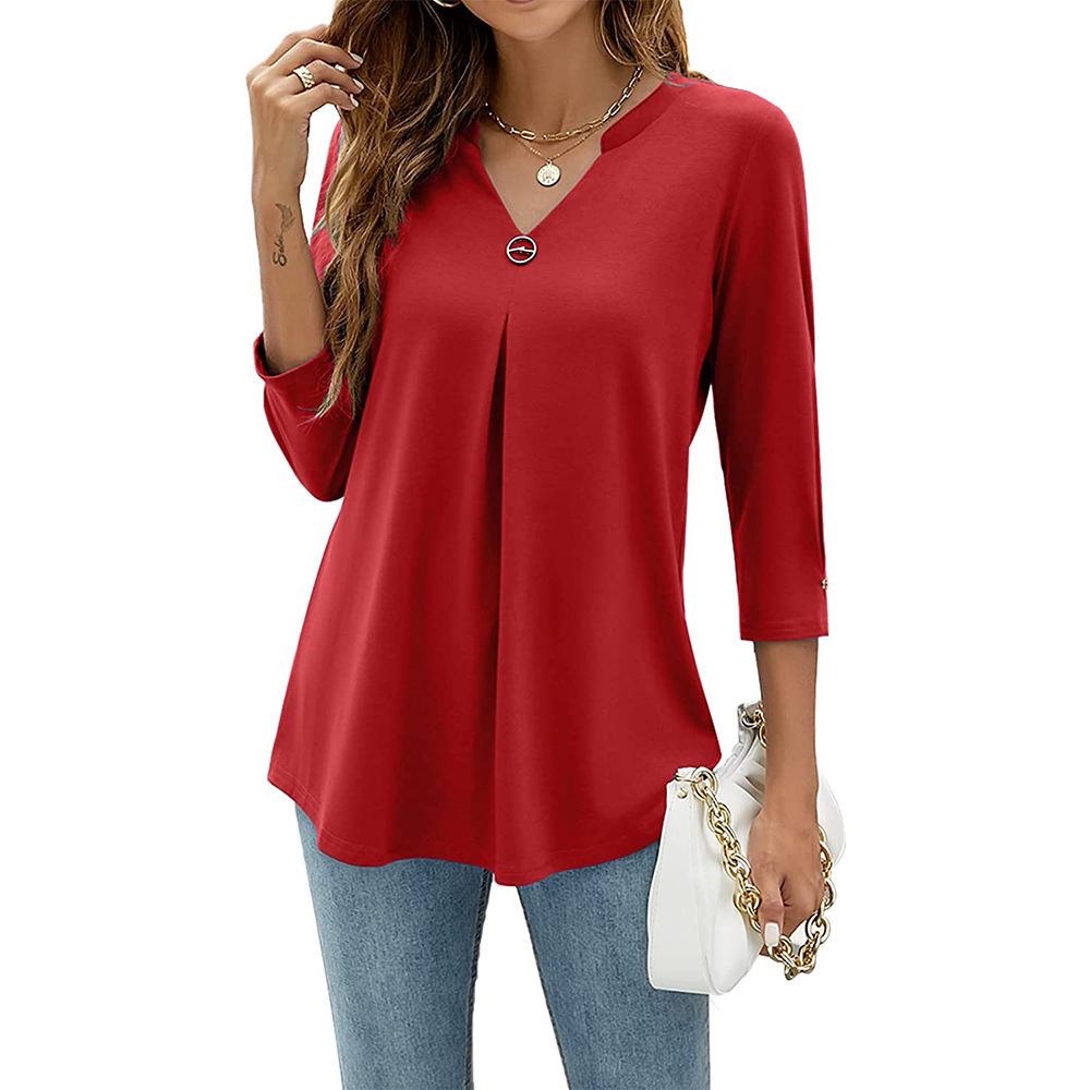 Spring Autumn Women T-shirt V Neck 3/4 Sleeve Pin Decor Pleated Hem Solid Color Slim Fit Tunic T-shirt Tops Blouse