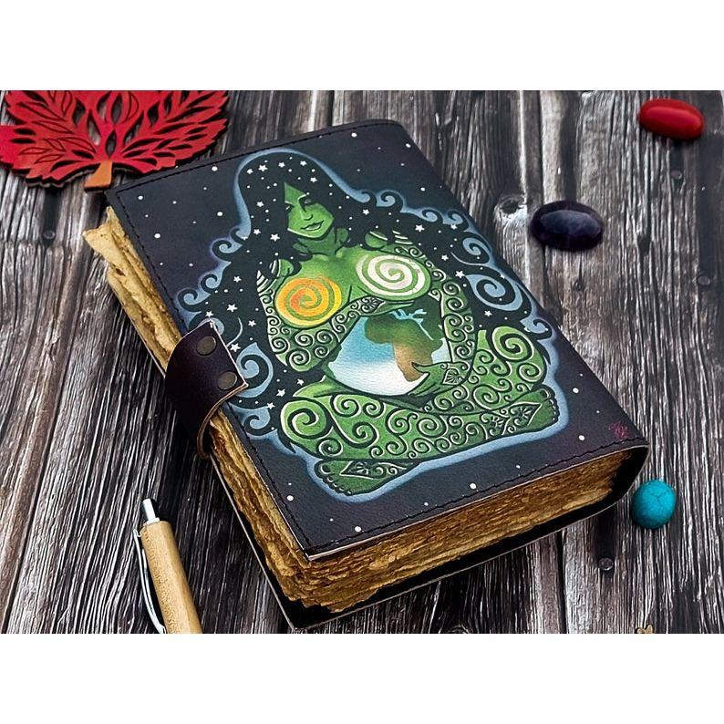 Handmade Leather Mother Godness Journal For Men Women Traveling Sketchbook Blank Book with Antiqe Deckle Edge Paper With Loc