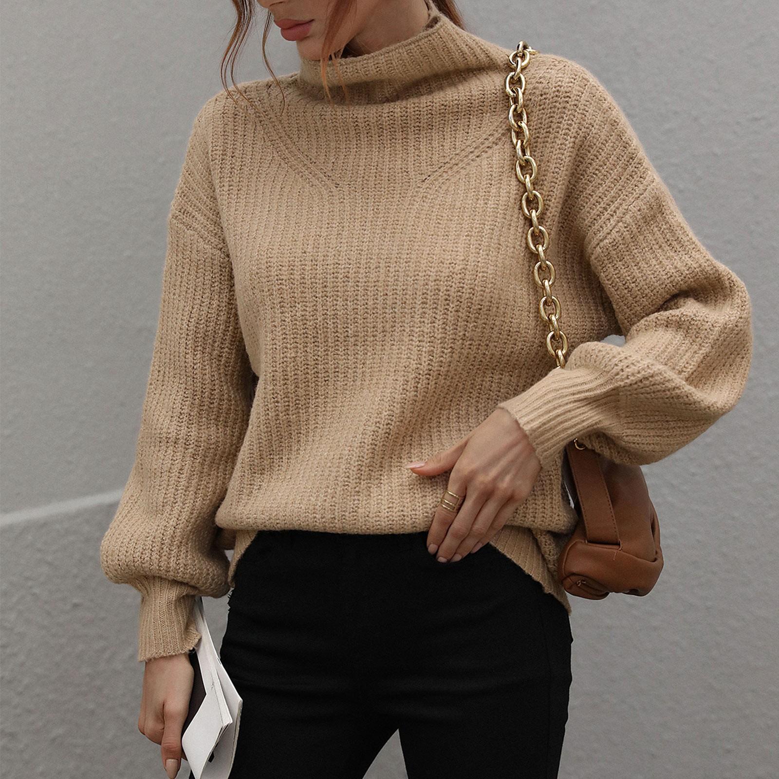 

Жіночий однотонний в’язаний светр з високим горлом і довгими рукавами. Пуловер S хакі