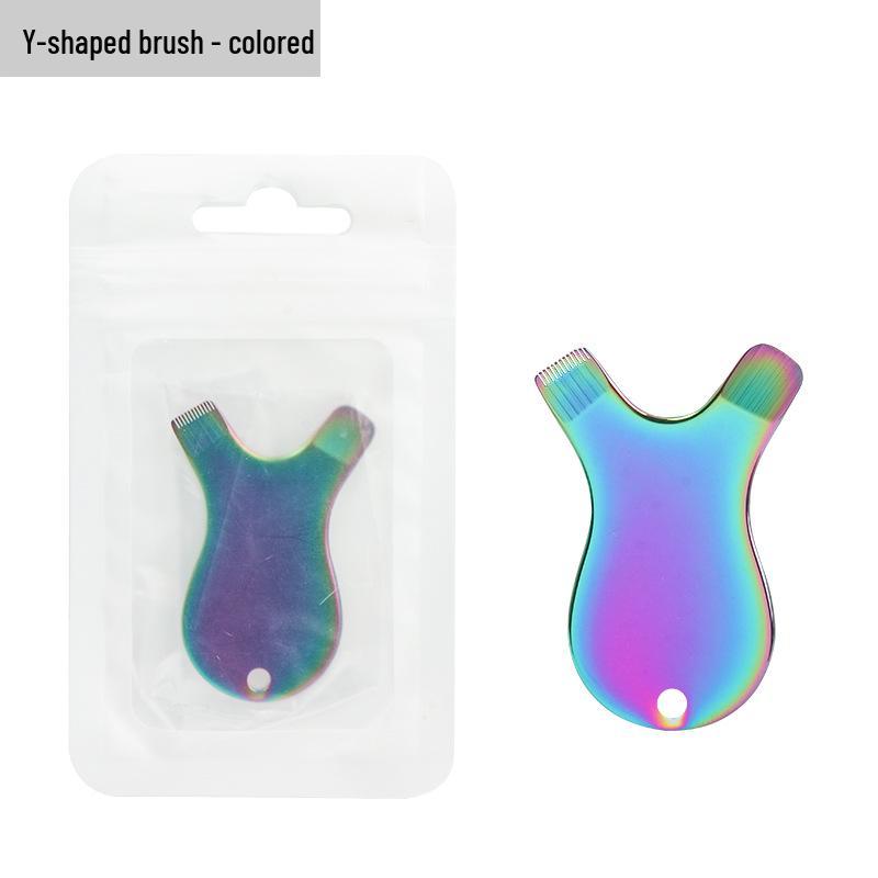 Stainless Steel Y-Shaped Eyelash Extension & Perm Comb with Small Eyebrow Brush.