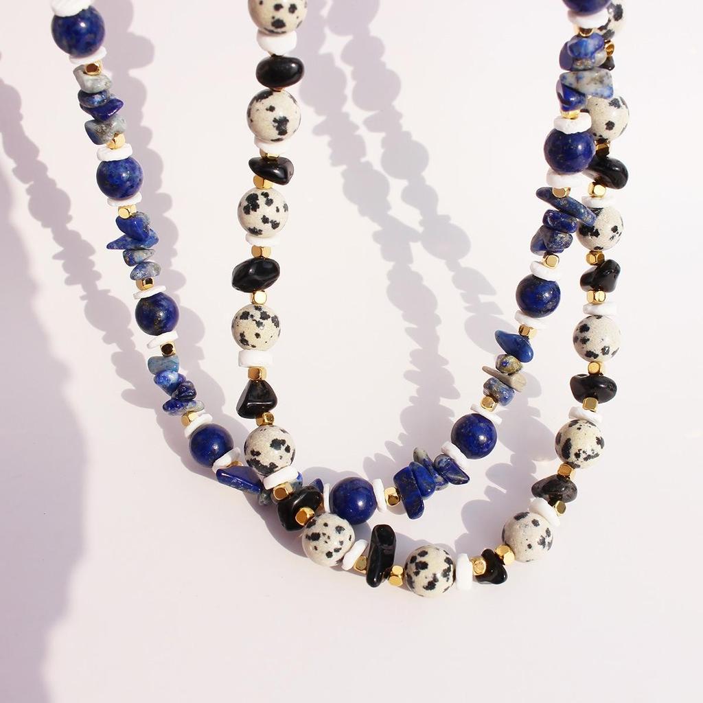 European-American Niche Design Lapis Lazuli Shell Beaded Necklace: Spotted Stone Round Bead Clavicle Chain, Vacation Style