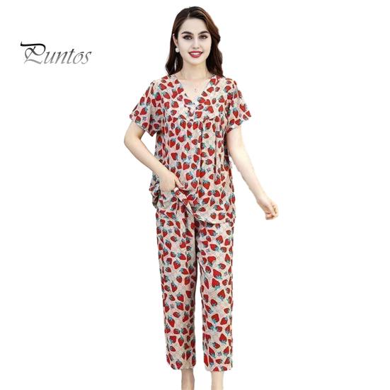 

Женский хлопковый пижамный комплект с коротким рукавом и длинными штанами, повседневный комплект из двух предметов для сна, летняя тонкая домашняя одежда больших размеров для пожилых мам XL красный