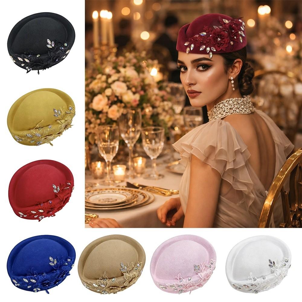 New British Retro Top Hats Diamond Flower Applique Formal Stewardess Hat Concave Top Solid Flight Attendant Hat for Party