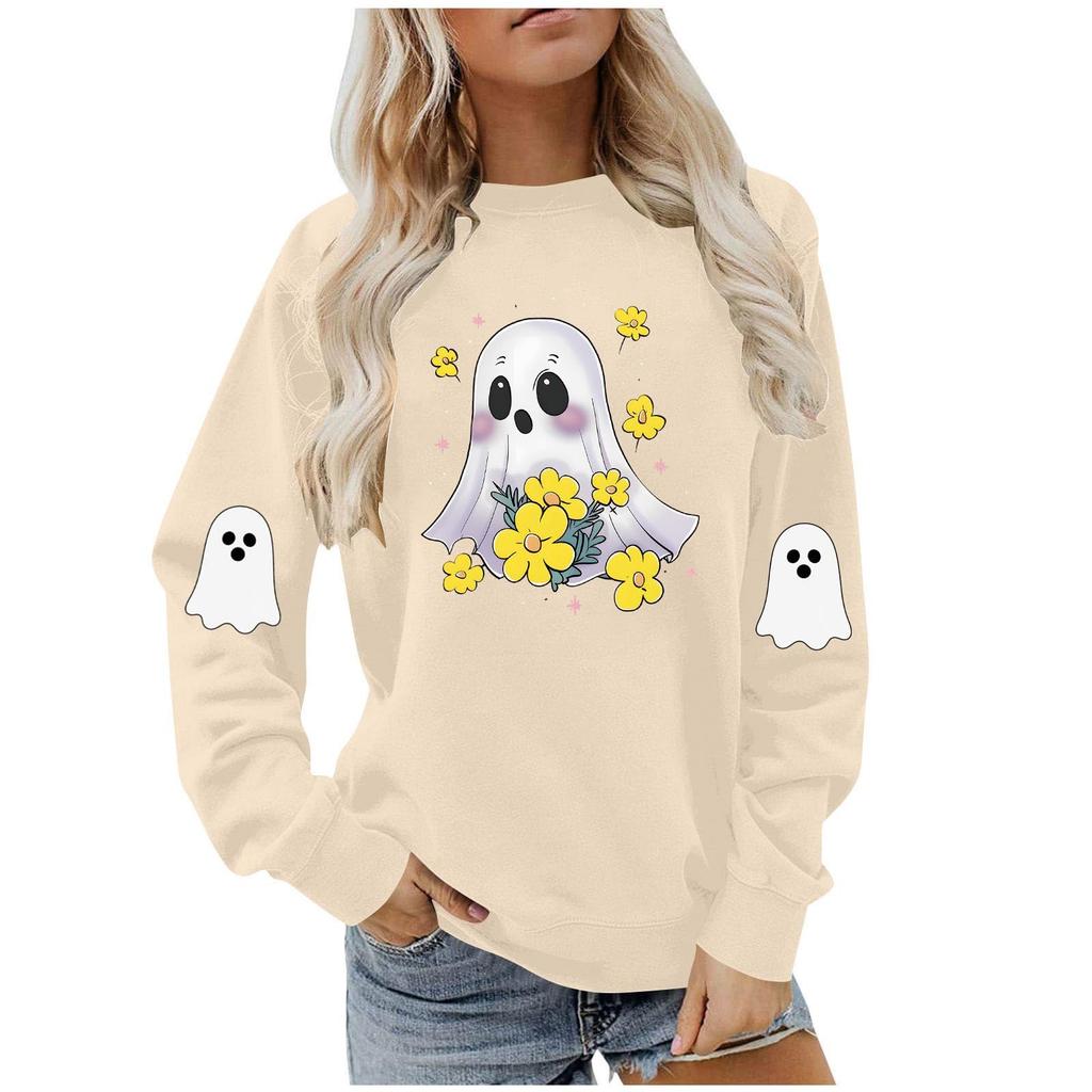 Women's Fashionable Casual Long-sleeved Halloween Printed Round-neck Top