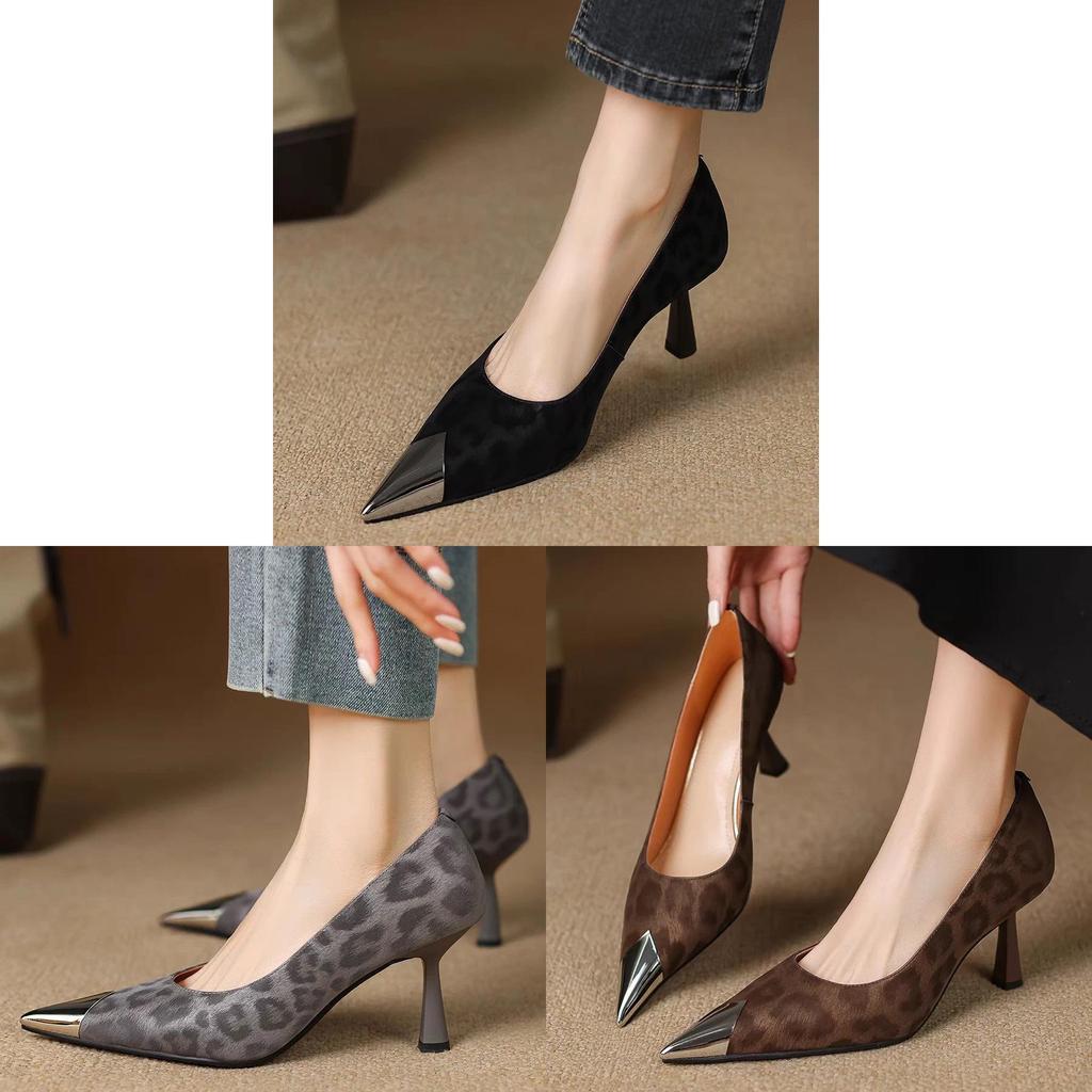 French Retro Leopard Print Pointed Toe High Heel Loafers For Women