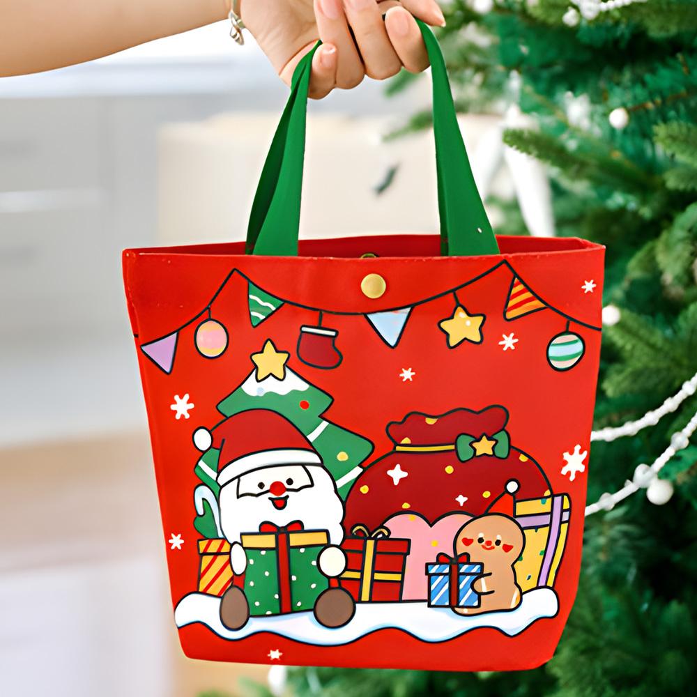 Christmas Gift Bags Reusable Canvas Tote girl & Women, Festive Santa Snowman Pattern with Snap Closure, Shopping, and Daily Use