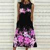 Women Oversized Sleeveless Round Neck Dress Bright Floral Printed Loose Mid Calf Gown