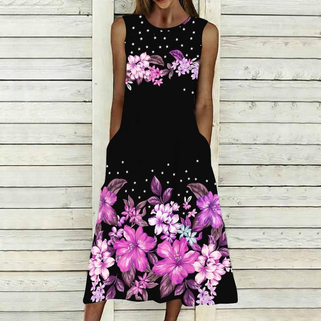 Women Oversized Sleeveless Round Neck Dress Bright Floral Printed Loose Mid Calf Gown