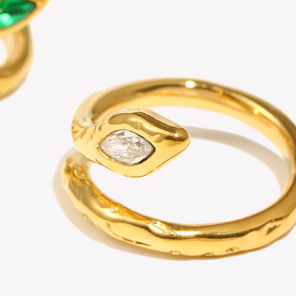 E.B.belle Hypoallergenic Green Clear Cubic Zirconia 18K Gold Plated Stainless Steel Snake Ring Women's Waterproof Titanium Ring