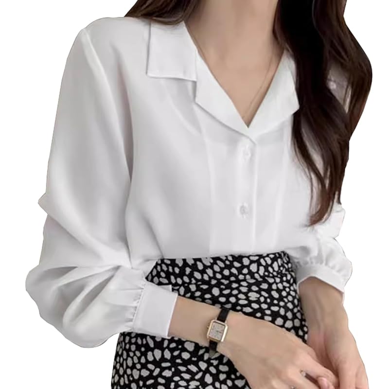 

[Wearbee] volume sleeve open collar blouse long sleeve shirt cute fashionable office Plain color simple V-neck spring/summer ladies puff sleeves long