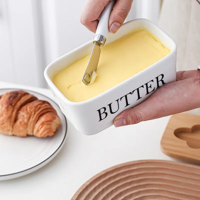 Rectangular Ceramic Butter Box Sealed Jar Butter Box Knife Western Style Household Cheese Box Kitchen Storage Tool YLE33
