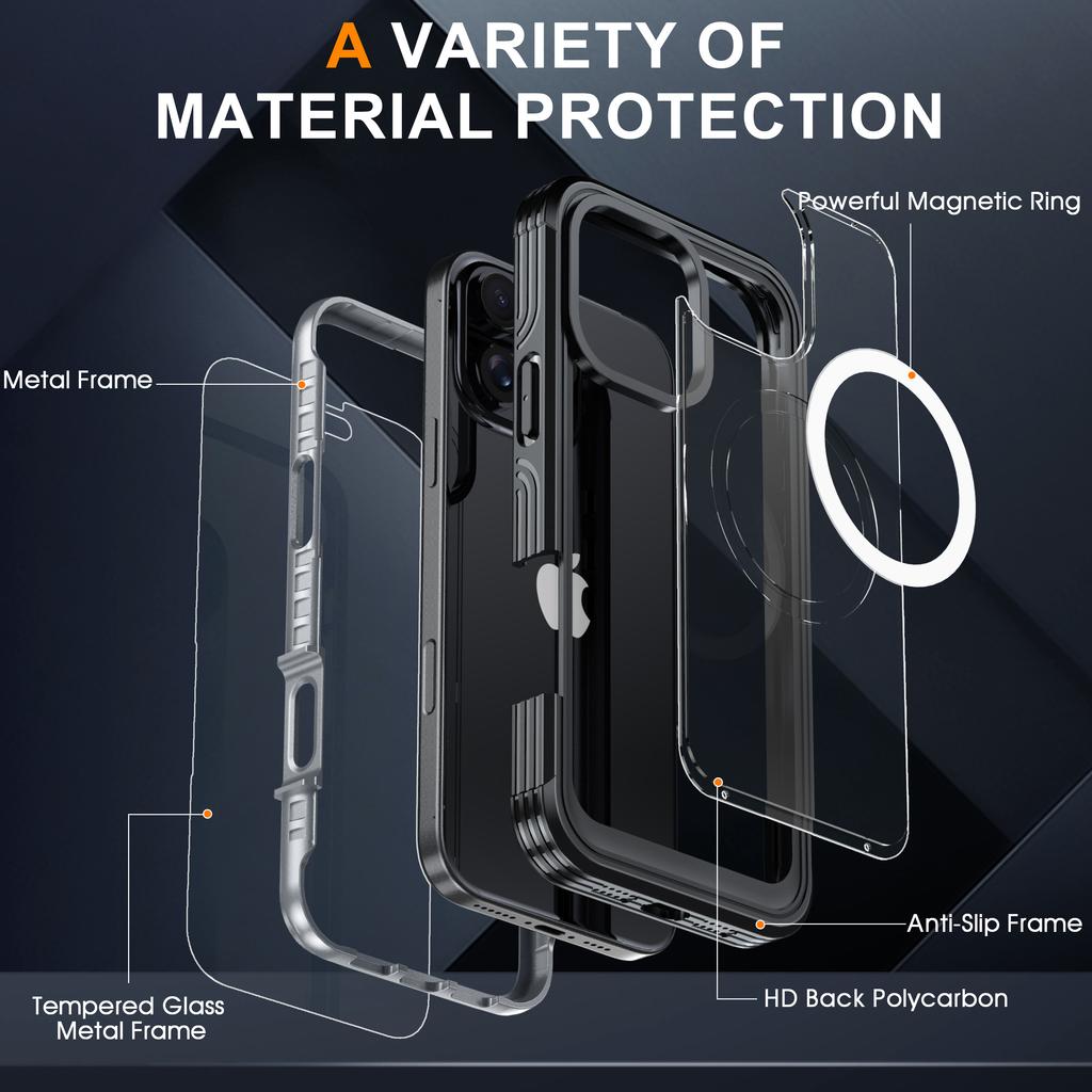 For iPhone 16 Pro Max Magnetic Case PC+TPU Shockproof Phone Cover with Screen Film