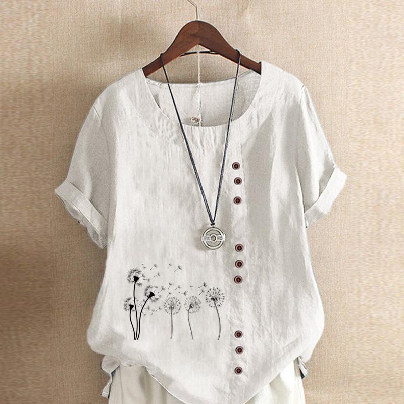 Damska Moda Czarny T-shirt z Krótkim Rękawem z Nadrukiem Mniszka Lekarskiego Luźna Bawełniana Koszulka Casualowa Luźna Bluzka Letnia Top Plus Size