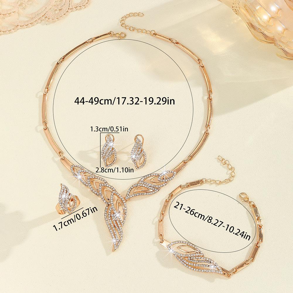 Diamond Gold Leaf Necklace Earrings Ring Bracelet Four-piece Jewelry Ladies Wedding Ornaments