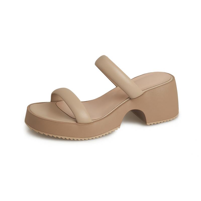 

2024 новые французские простые крутые тапочки женские носят толстоподошвенные с высокой подошвой ретро на толстом каблуке тапочки 35 абрикосовый