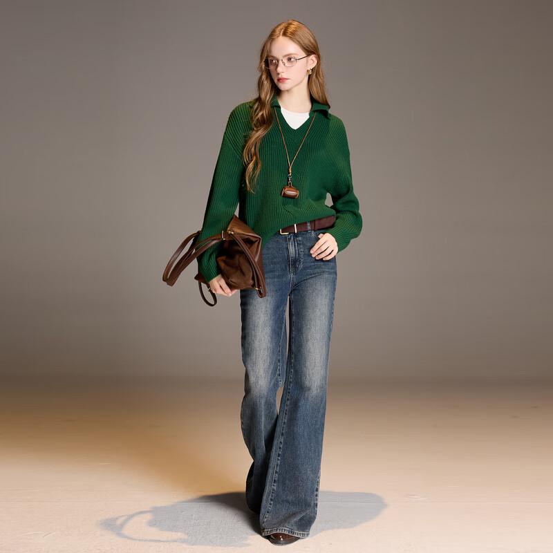 

Sancai Женский 2025 Зимний Однотонный Вязаный Свитер с Отложным Воротником