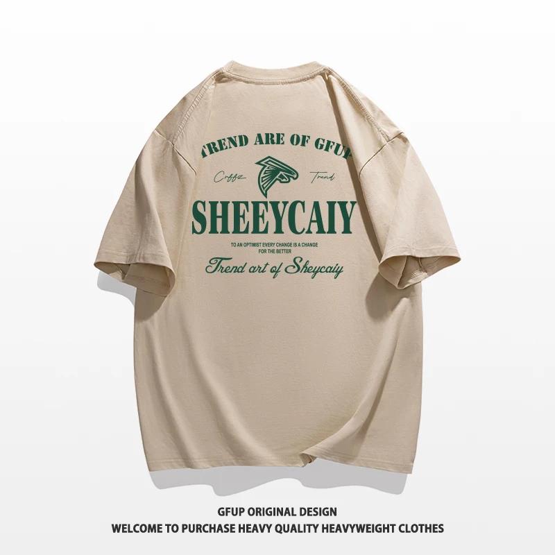 Sommermode Schweres Retro-T-Shirt für Herren mit englischen Buchstaben, 100 % Baumwolle, bedruckt, Rundhalsausschnitt, hochwertiges Casual Fitness Street