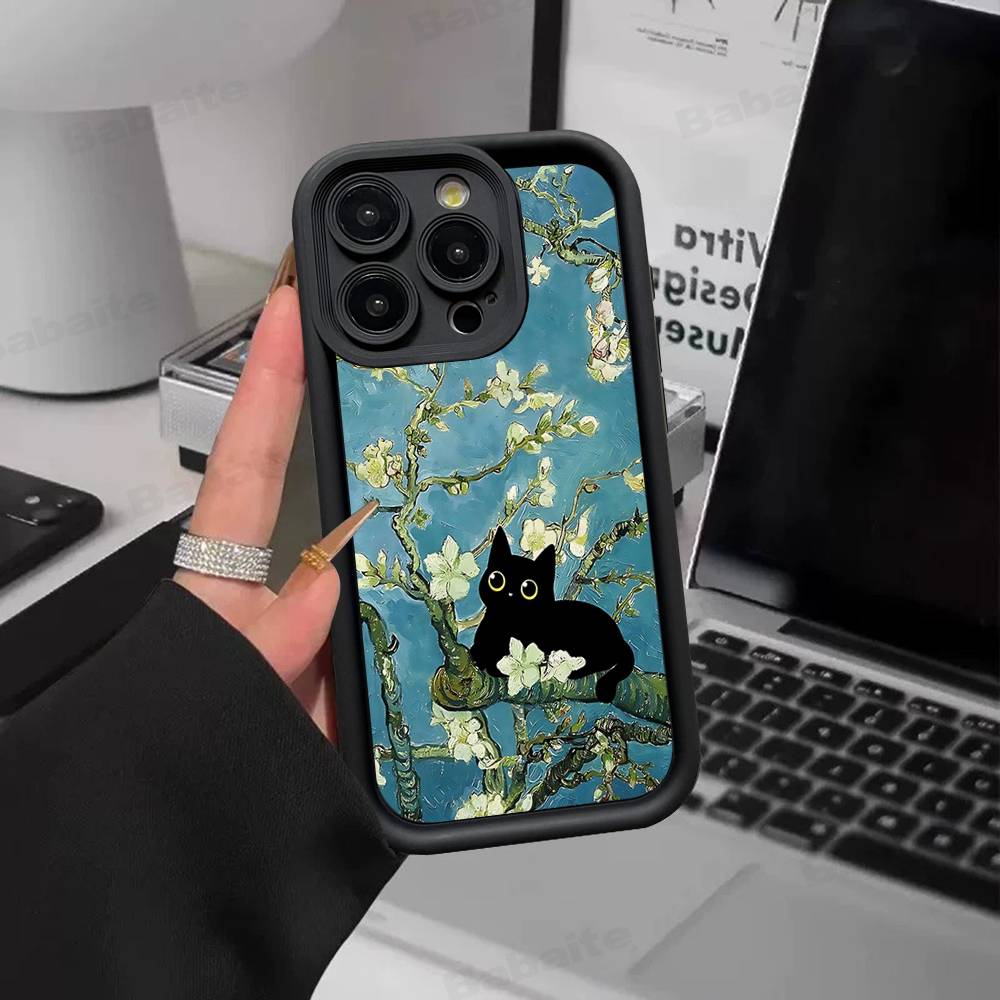 Black Cat Van Gogh Silicone Soft Phone Case For IPhone 17 16 14 13 12 11 15 Pro Max Plus Air Cover