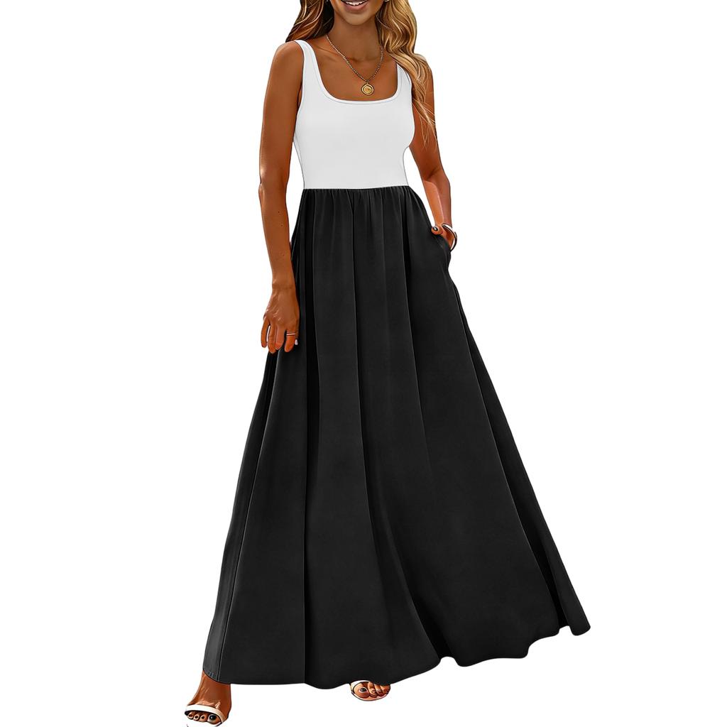 Damen-Farbblock-Sommer-Freizeit- und Mode-Ärmelloses langes Kleid