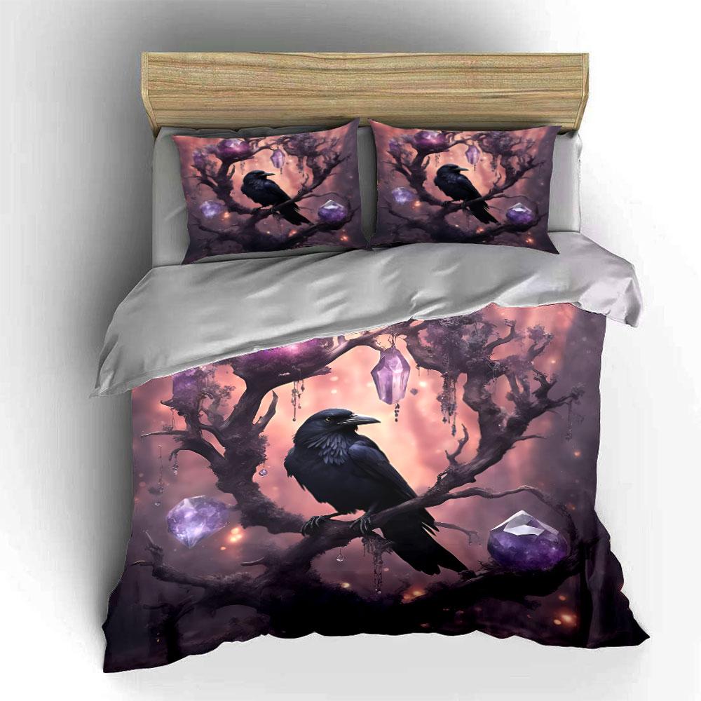 "Raven Crystal Artwork Trio Decor" Bedding Set with 1 Duvet Cover 2 Pillowcases Single Double King Queen, Gift