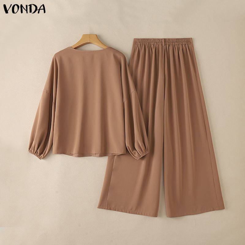 VONDA Elegant Women Outfits Puff Sleeve Blouse and Zip-up Trousers Casual Two Piece  Sets