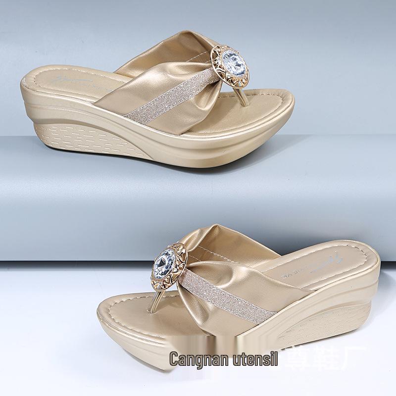 Plus Size Women s Summer Wedge Heel Sandals with Rhinestones - Platform Thick Sole Beach Flip-Flops 38 1874₽
