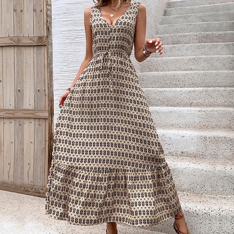 Elegant Geometric Print Sleeveless Dress with Waist-Cinching Design for Summer Large абрикосовый