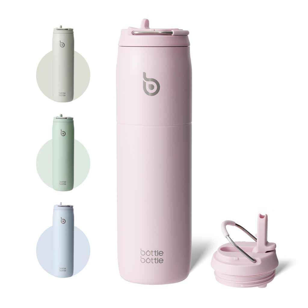 BOTTLE BOTTLE 1 Liter Vacuum Insulated Stainless Steel Water Bottle with Wide Sports Bottle for and Light Pink Straw, Handle, Leak-Proof, Mouth,