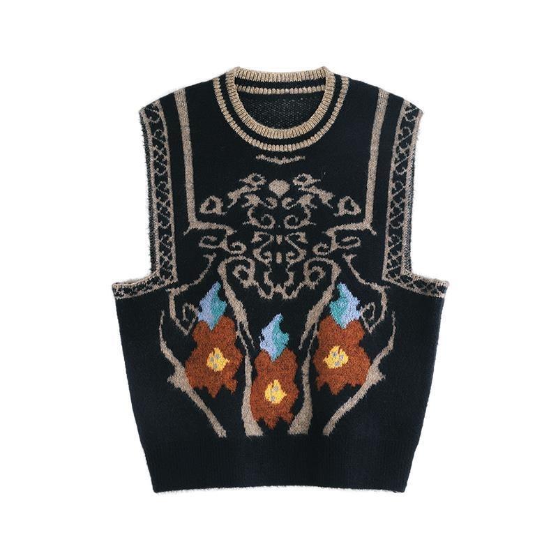 Retro Embroidered Style Knitted Vest Women's Round Neck Knitted Pullover Sleeveless Top Thin Sweater Commuting Casual Autumn