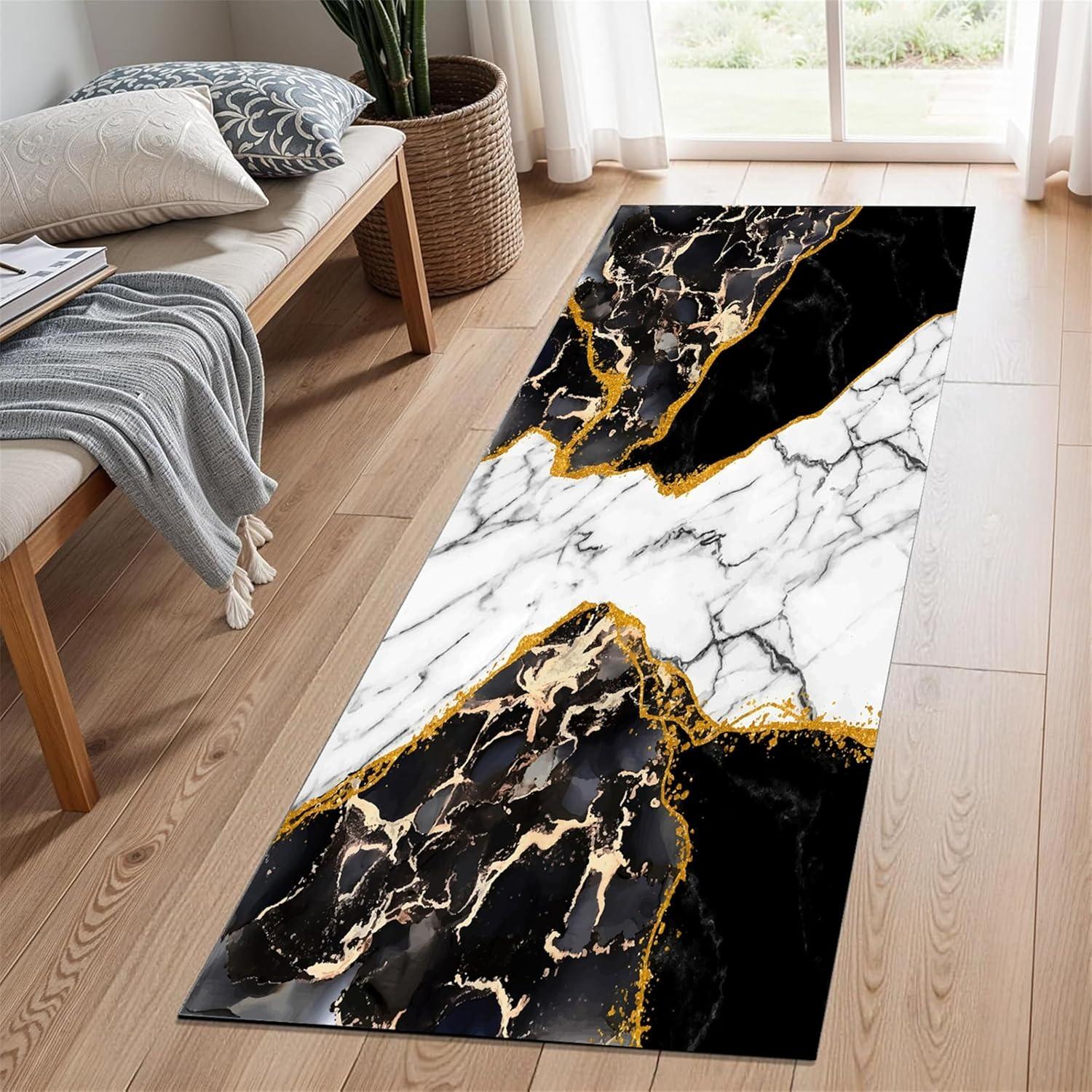 Tapis de couloir motif marbre doré Antidérapant Lavable Tapis abstrait, Adapté aux animaux et aux enfants Couloir pour couloir, cuisine, entrée 40x120CM
