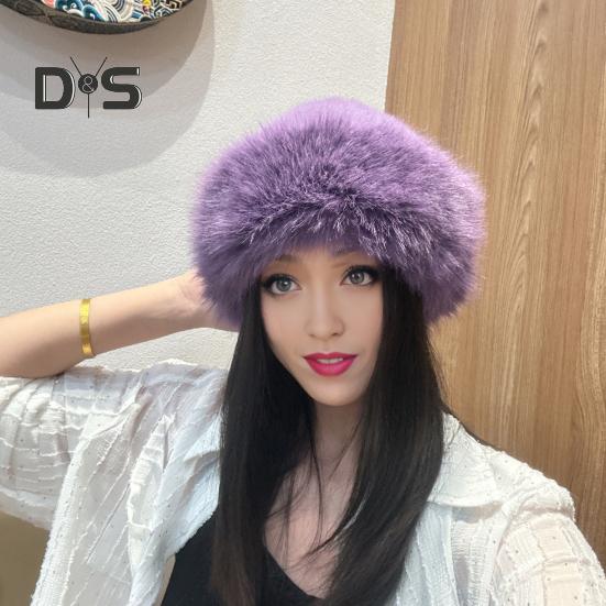 Women Winter Hat Thick Plush Faux Fur Heat Retention Windproof Mongolia Style Bucket Hat Solid Color Outdoor Cycling Skiing Panama Cap