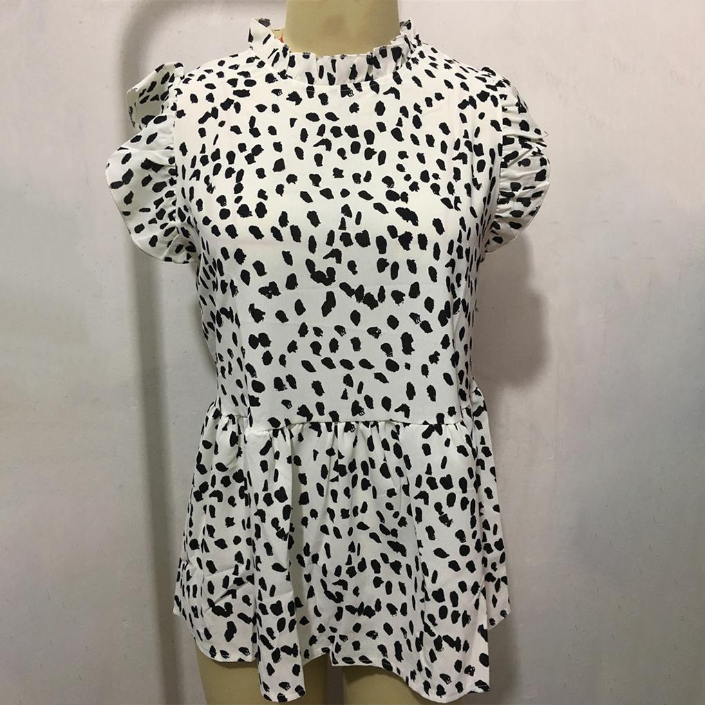 Women Polka Dots Leopard Printed Ruffled Short Sleeve Shirt