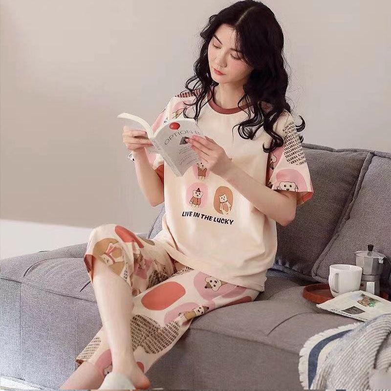 Women's Summer Pajama Set - Round Neck, Short Sleeve, Seven-Point Pants, Comfortable Casual Two-Piece