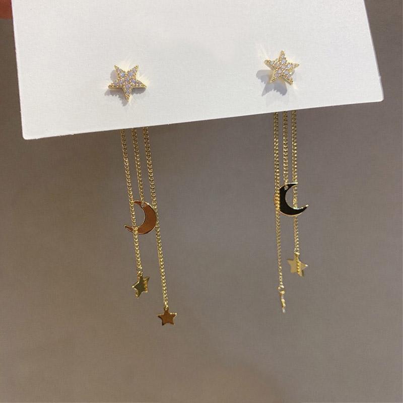 

New Trendy Korean Crystal Star Moon Dangle Earrings For Women Exquisite Flowers Long Tassel Earring Girl Party Zircon Gifts