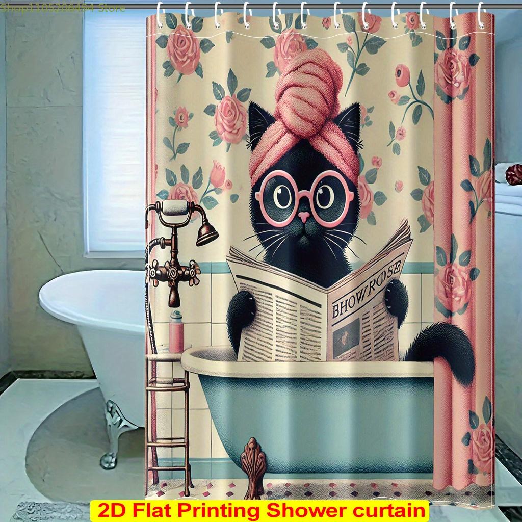 2D Flat Printing Shower Curtain 1Pc, Cat Relaxing In Bathtub Bathroom Shower Curtain With 12 Plastic Hooks, Bathroom Curtain W