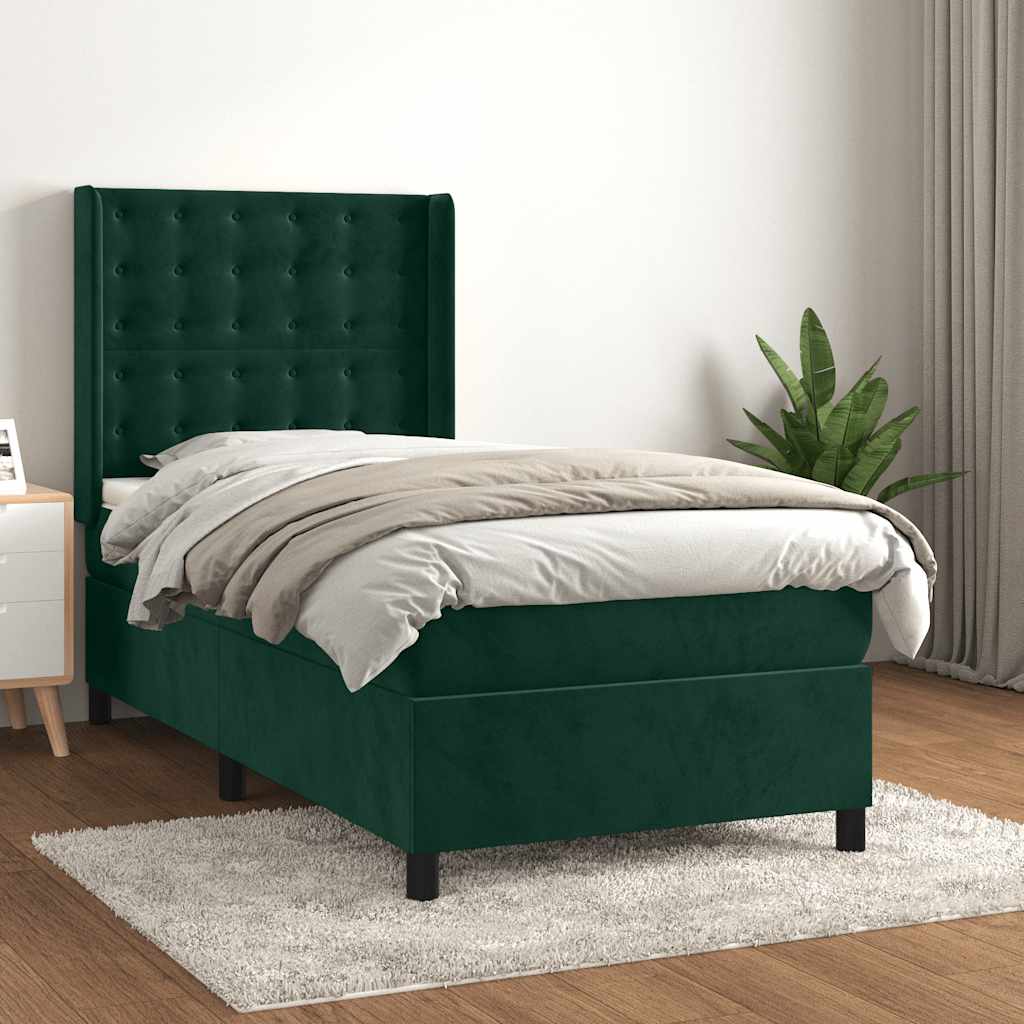 Box Spring Bed with Mattress Dark Green 90x190 cm Velvet