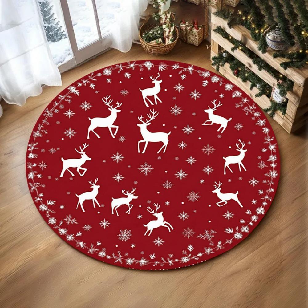 Feiertags-Saisonale Deko Runder Teppich Schneeflocken Baum Design Teppich Rentier Weihnachten Blume Bereichsteppich für Gemütliches Wohnzimmer Schlafzimmerteppich