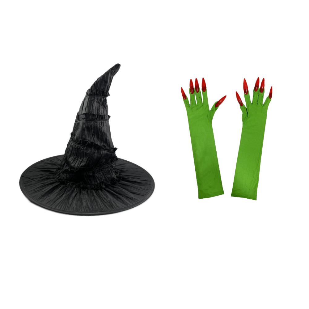 Black Ruched Wicked Witch Hat for Women Men Halloween Gloves Long Nails Ghost Claws Halloween Party Cosplay Costume Accessory