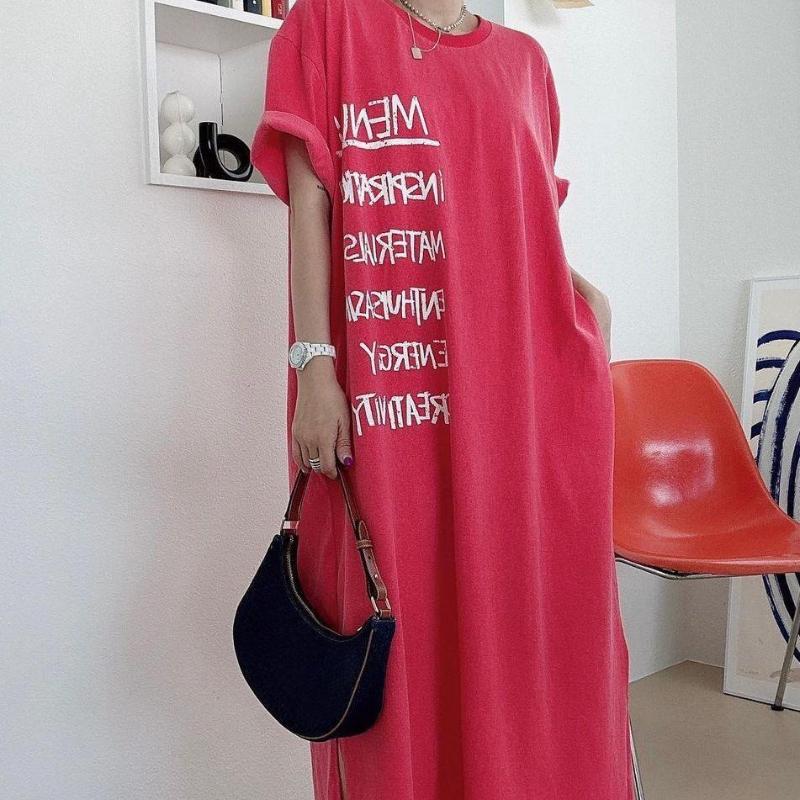 Plus Size Damen T-Shirt Kleid im koreanischen Stil mit kurzen Ärmeln, Sommerkleid mit lockerem Buchstabendruck, lange Kleider