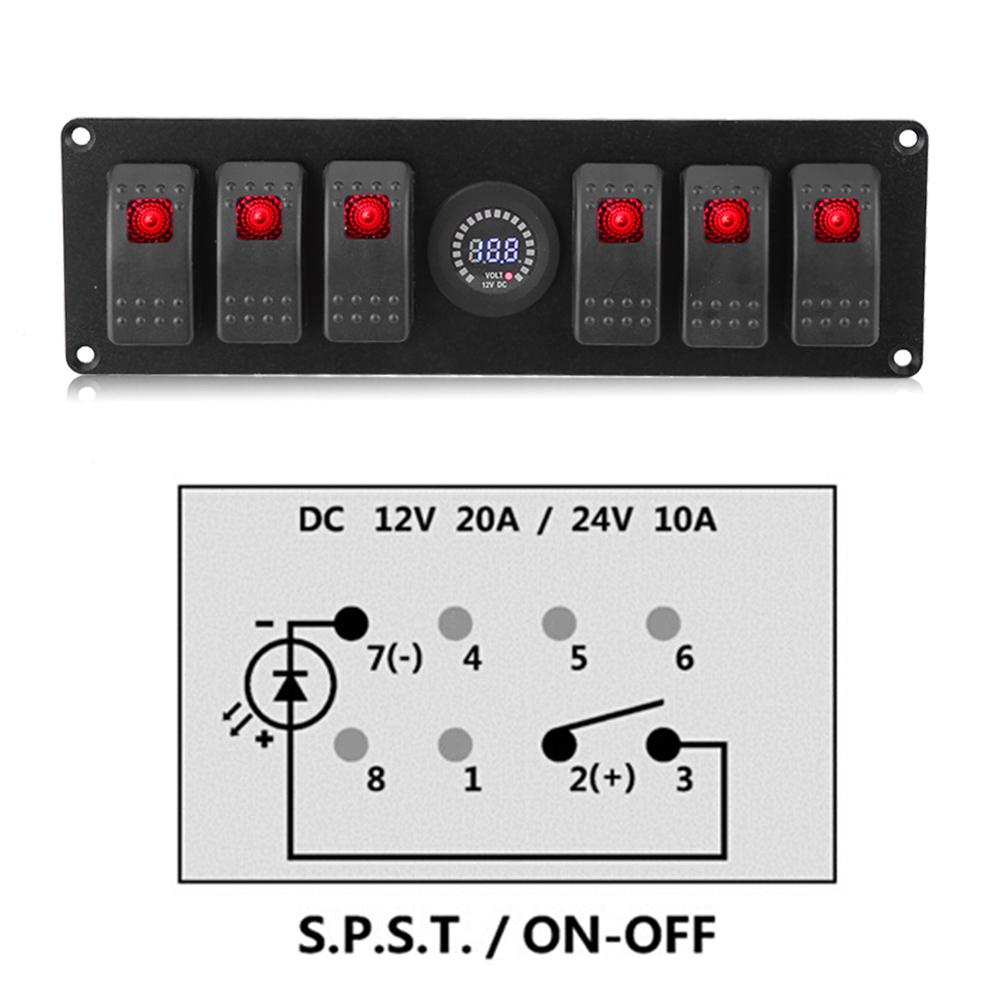 6 Gang Red LED Rocker Switch Panel with Alarm Voltmeter for Car RV Boat Yacht Marine 12V