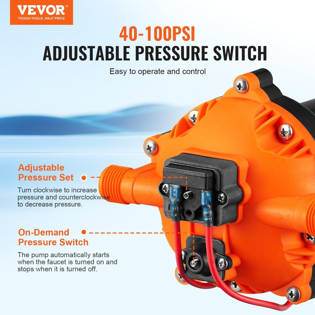 Water Diaphragm Pump, 12V DC, 5.5 GPM Flow, 70 PSI Rated Pressure (40-100 PSI Adjustable), 1/2" MNPT Self Priming Sprayer Pump with Pressure Switch