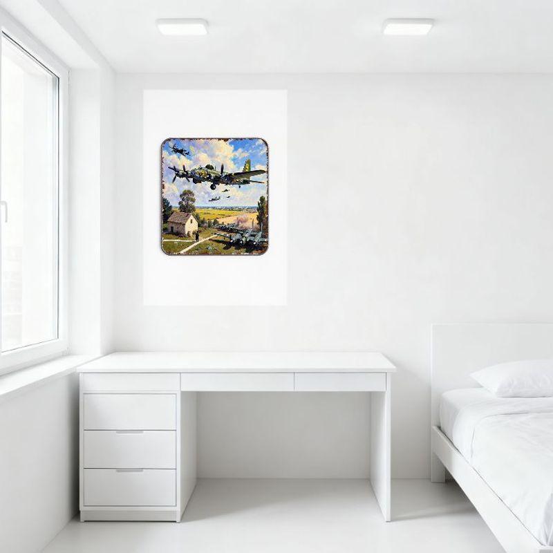 Vintage vojenská scéna z 2. světové války Kovový plechový znak - Bombardéry 2. světové války v letce, Kamenný dům, Rustikální vzhled pro domácí bar Muž C