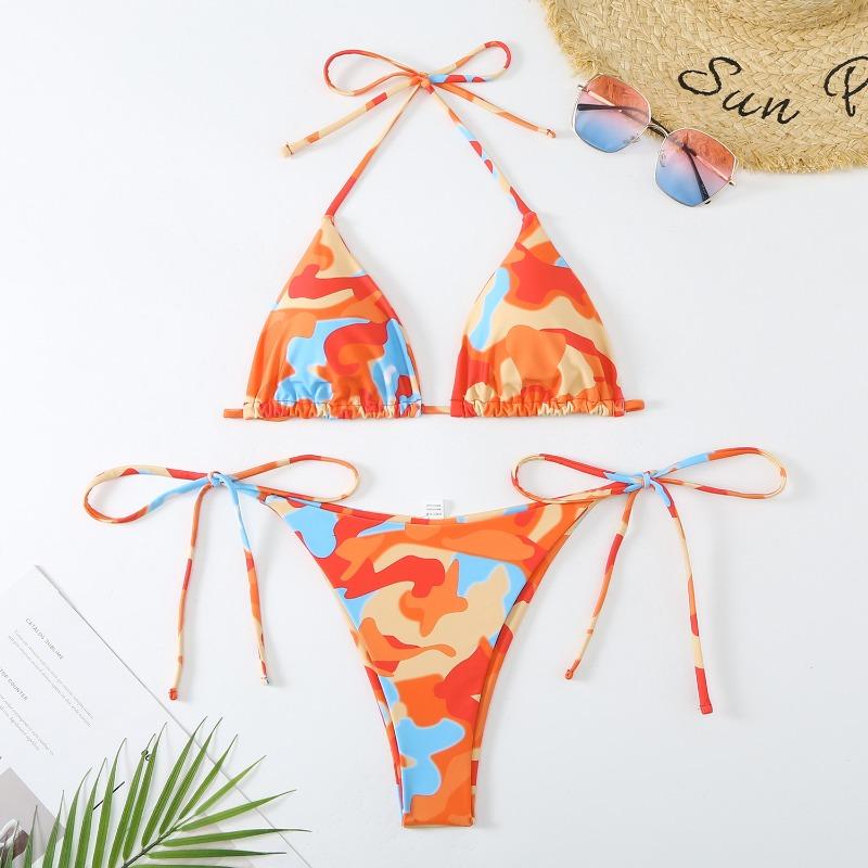 

New women s split color contrasting sexy lace-up triangular bikini swimsuit L оранжевый