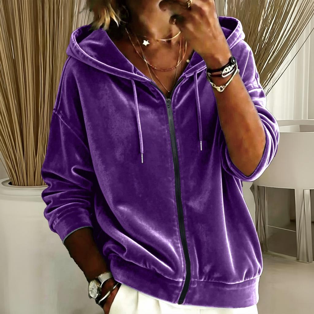 Women's Casual Color Drawstring Zip-Up Hoodie Loose Fit Long Sleeve Sweatshirt