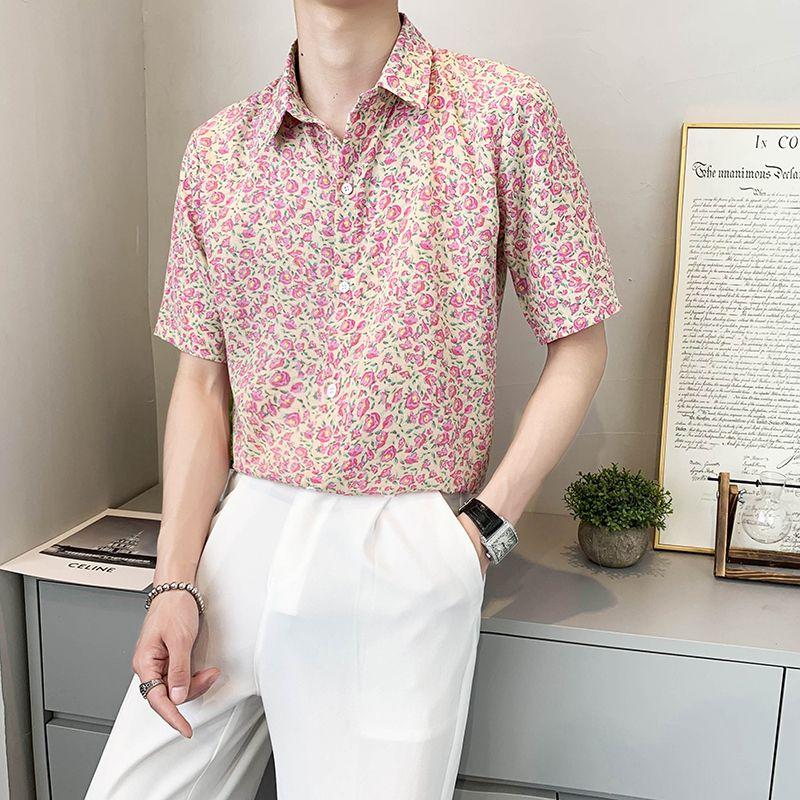 

Broken Flowers Casual Printed Shirts Summer Turn-down Collar Trendy Men s Clothing Fashion Japan Style Single-breasted Shirts L рожевий